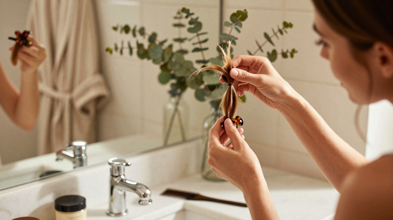 Woman holding hair with a clip by the bathroom sink, with a vase of eucalyptus in the background.