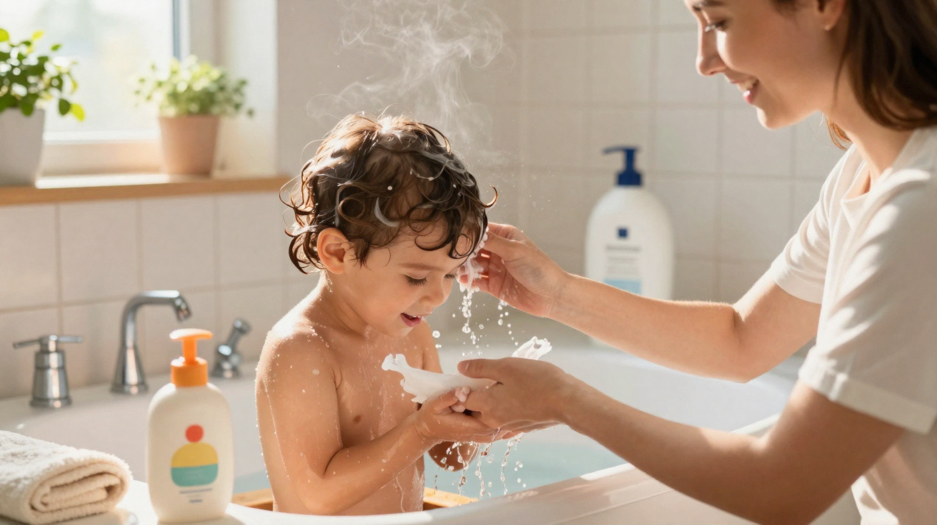 Mother washing toddler's hair during bath time in a bright bathroom with plants and toiletries nearby.