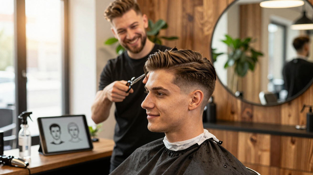 Barber smiling while cutting a young man's hair in a modern salon with wooden walls and a round mirror.