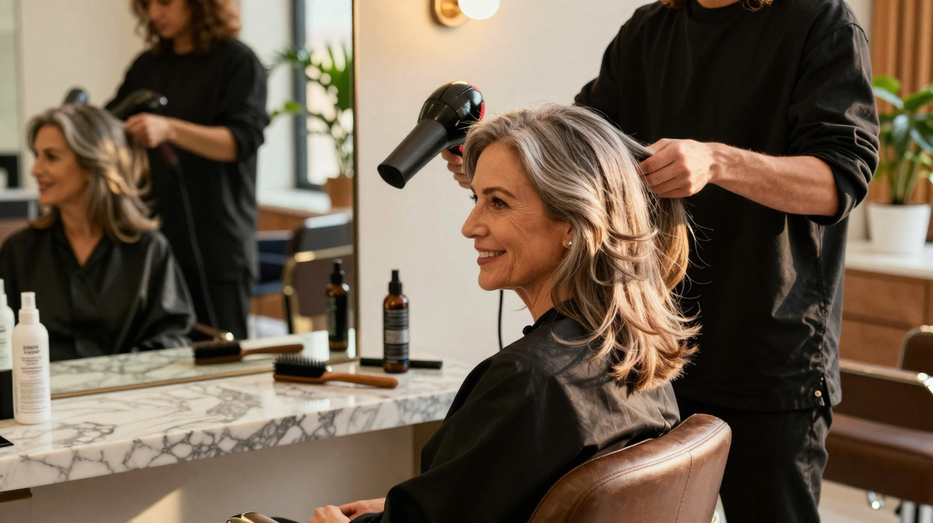 Older woman smiling while getting her hair blow-dried by a stylist in a modern salon with marble countertops.