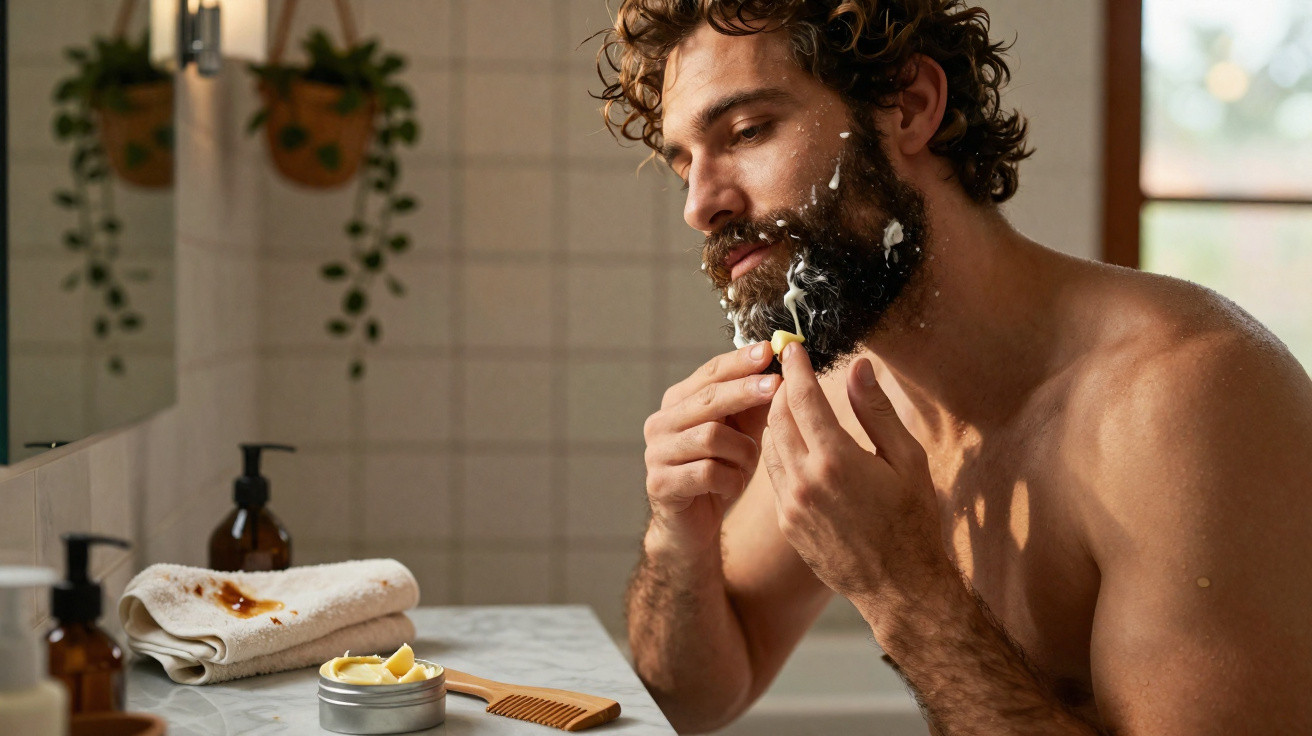 Bearded man applying beard balm in bathroom, grooming facial hair with a focused expression.