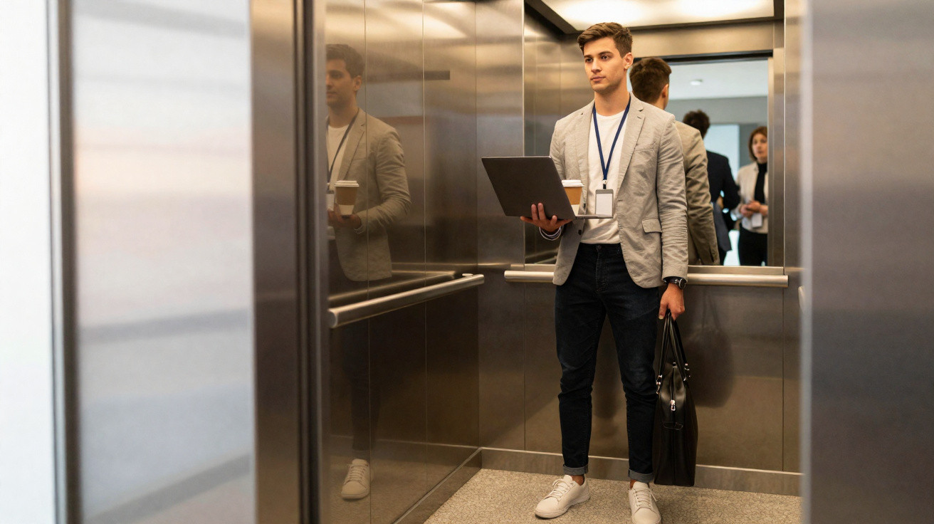 Young man in smart casual holding laptop and coffee cup inside a metallic elevator with mirrored walls.