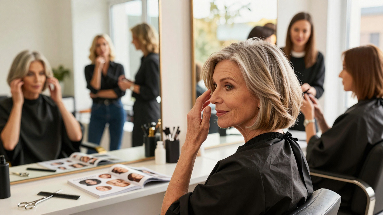 Older woman looking at her reflection while sitting in a salon chair with hairstylists in the background.