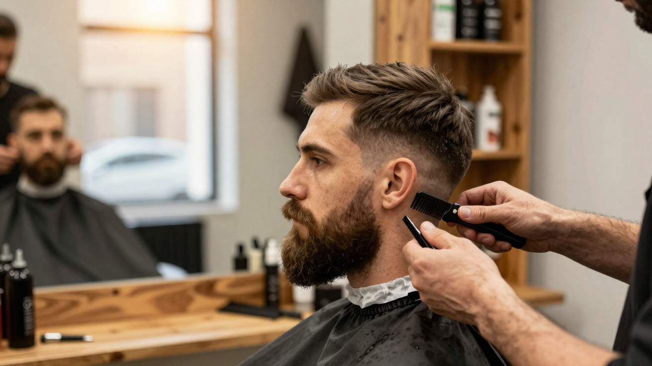 Man with beard receiving a haircut with scissors and comb at a modern barbershop.
