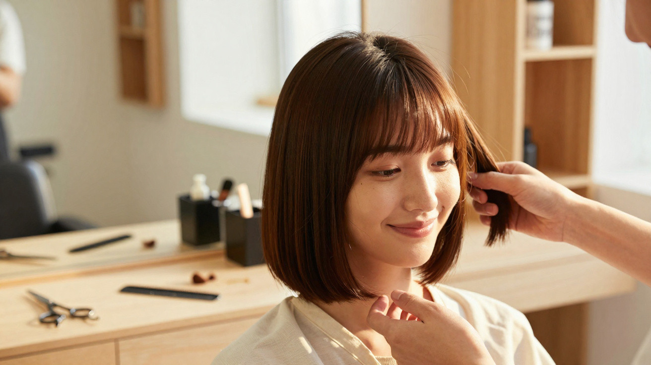 Woman with a short bob haircut smiling while a hairdresser adjusts her hair in a salon.