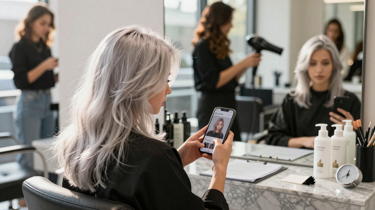 Woman with silver hair checking a photo on her phone while sitting in a hair salon chair in front of a mirror.
