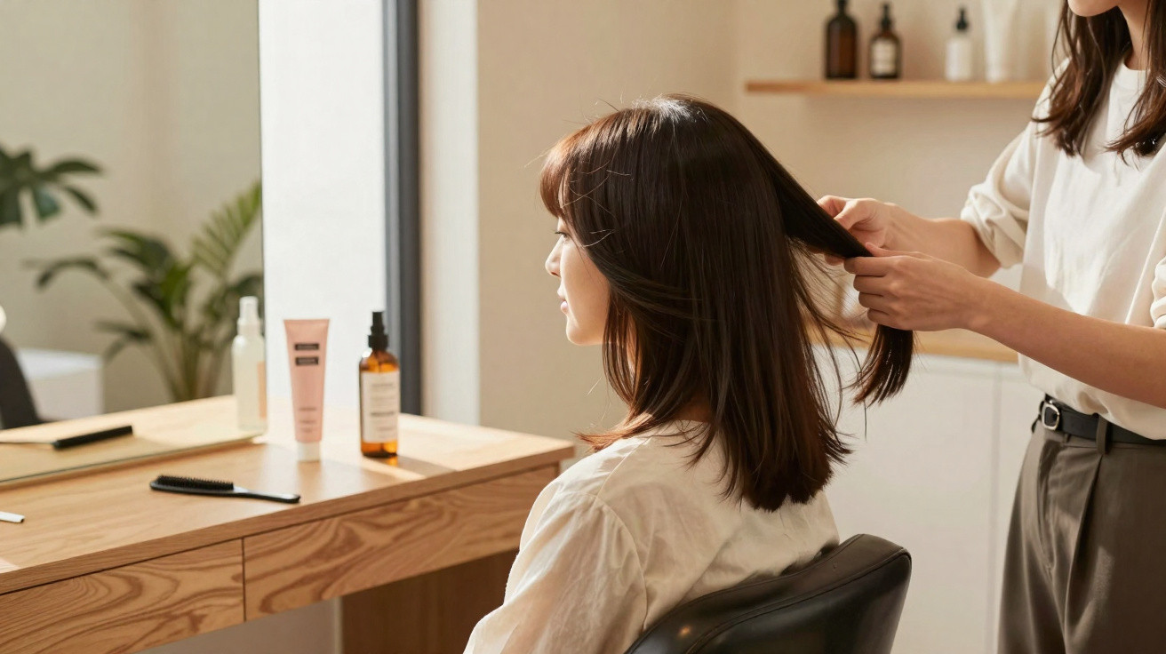 Woman sitting in a salon chair having her hair styled by a hairdresser in a bright, modern salon.