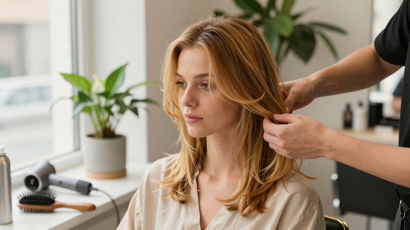 Woman with blonde hair getting her hair styled at a salon with hairdryer and brush on the window sill.