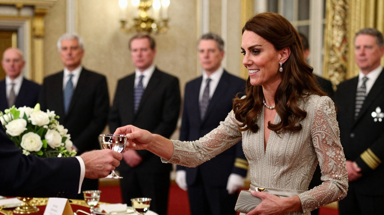 A woman in an elegant dress smiling while receiving a drink in a formal setting with men in suits behind her.