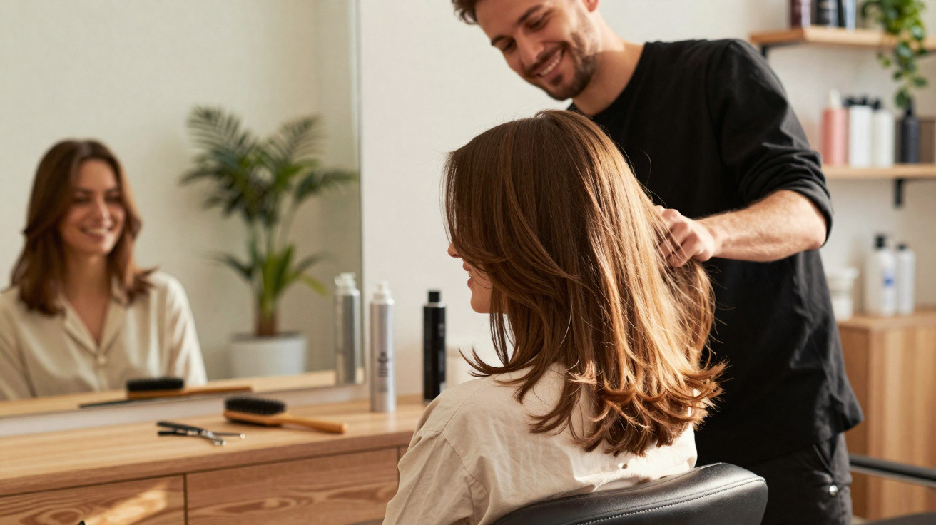 Hairdresser styling a smiling woman’s hair in a salon with products and brushes on the counter.