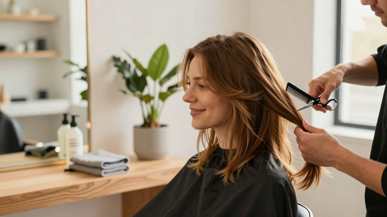 Woman with light brown hair getting a haircut in a modern salon with a plant and folded towels in the background.