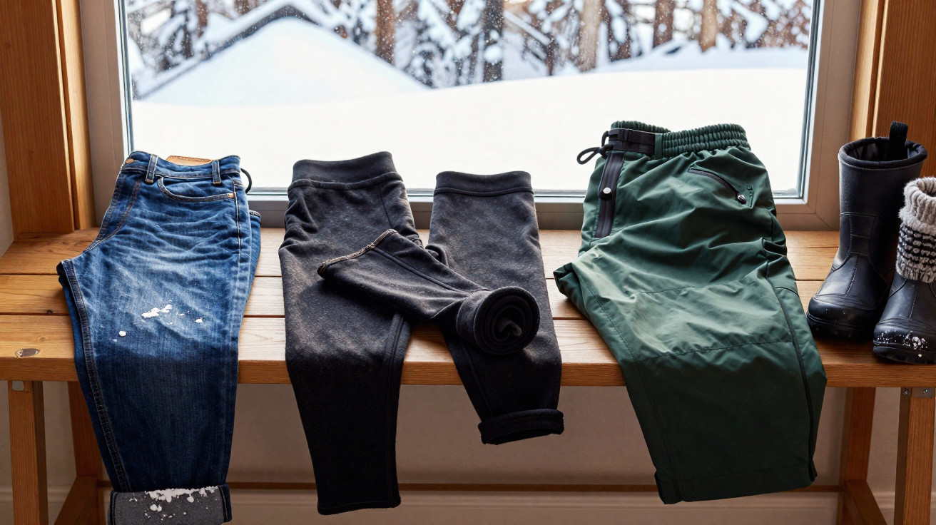 Blue jeans, black thermal leggings, green snow pants, and winter boots drying on a wooden bench by a snowy window.
