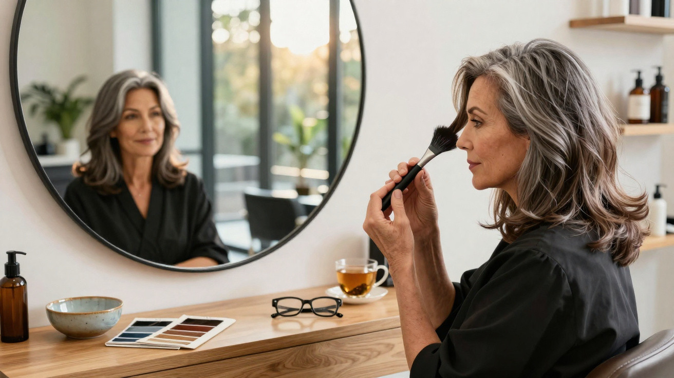 Mature woman applying makeup with brush while looking at her reflection in a round mirror on a wooden vanity.