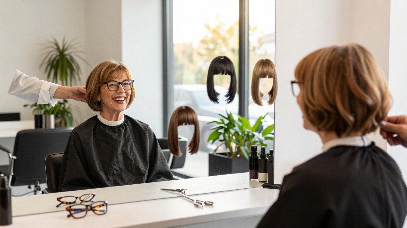 Middle-aged woman smiling in hairdresser's chair wearing a black cape with wig options in mirror.