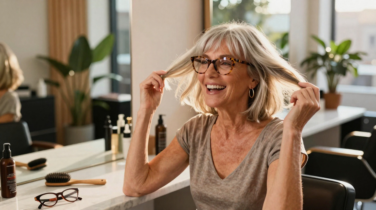 Smiling older woman wearing glasses holding her short blonde hair in a salon with beauty products on the counter.
