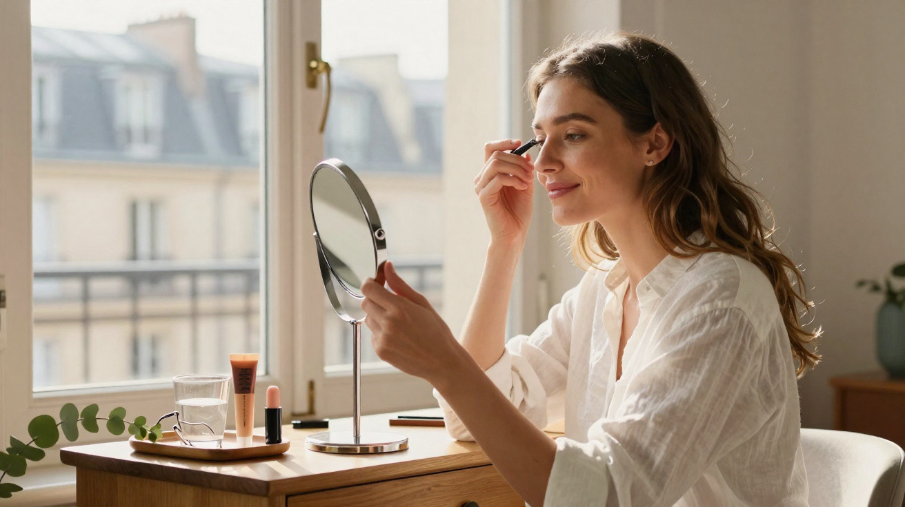 Woman in white shirt applying mascara while looking in a round mirror on a wooden table by a window.