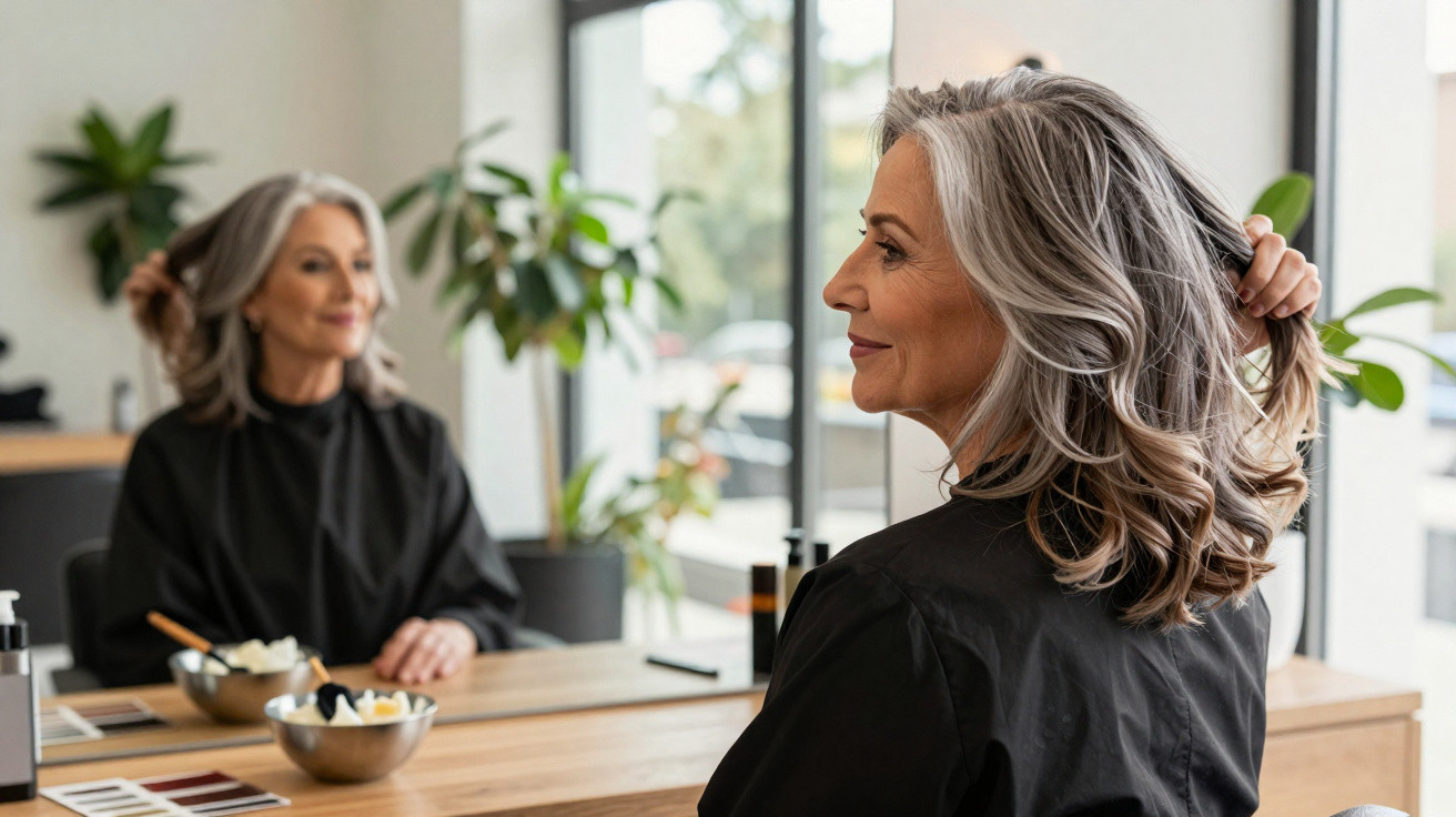 Older woman with grey wavy hair looking at her reflection in a salon mirror, smiling and touching her hair.