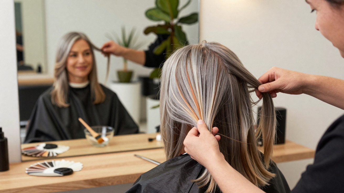 Hairdresser styling a seated middle-aged woman’s highlighted blonde hair in a salon.
