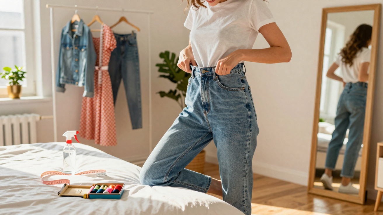 Woman in white t-shirt fitting high-waisted jeans in bright room with clothes rack and mirror.