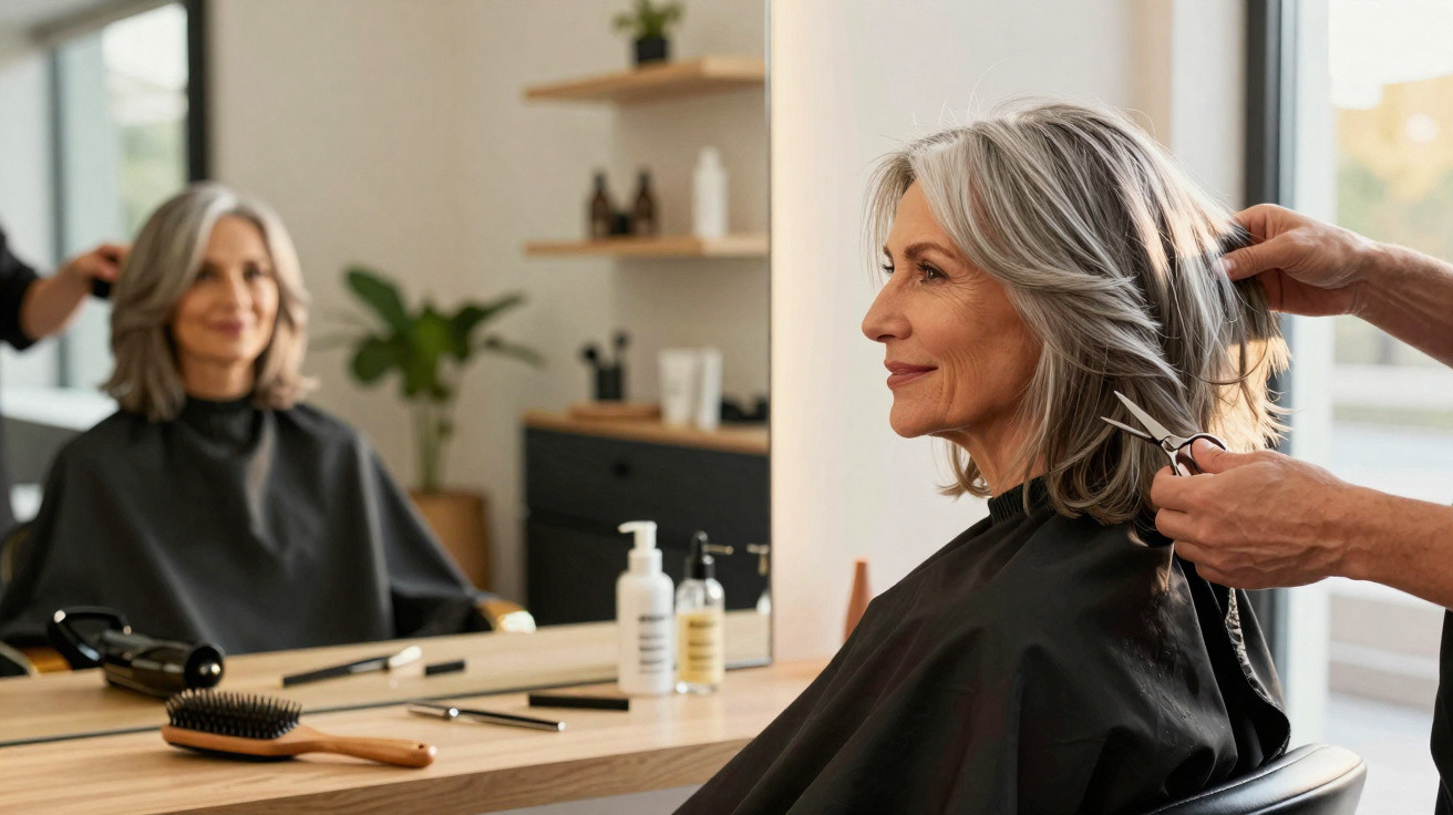 Middle-aged woman with grey hair getting a haircut in a modern salon, looking content in the mirror.