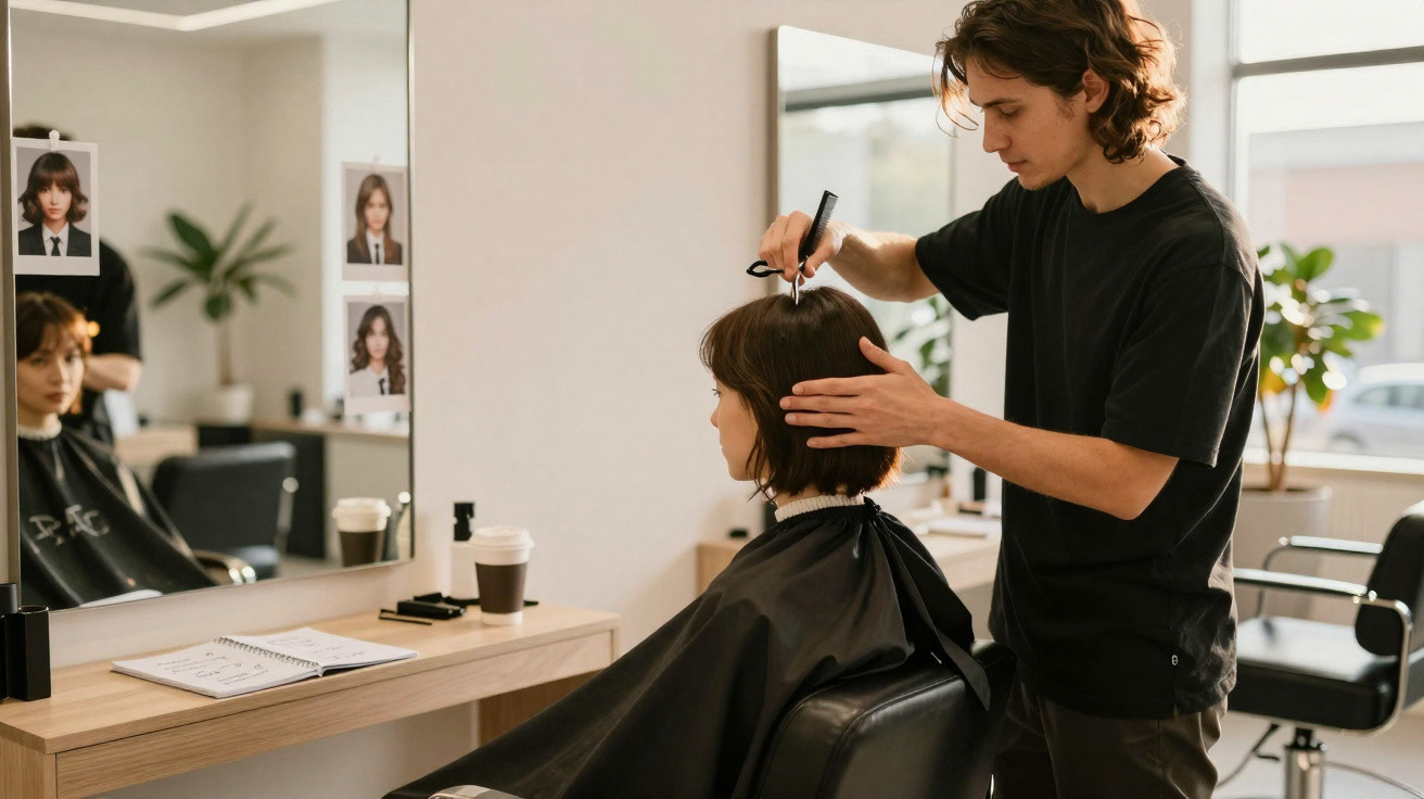 Hairdresser cutting a woman's brown hair in a modern, bright salon with a mirror and styling photos on the wall.