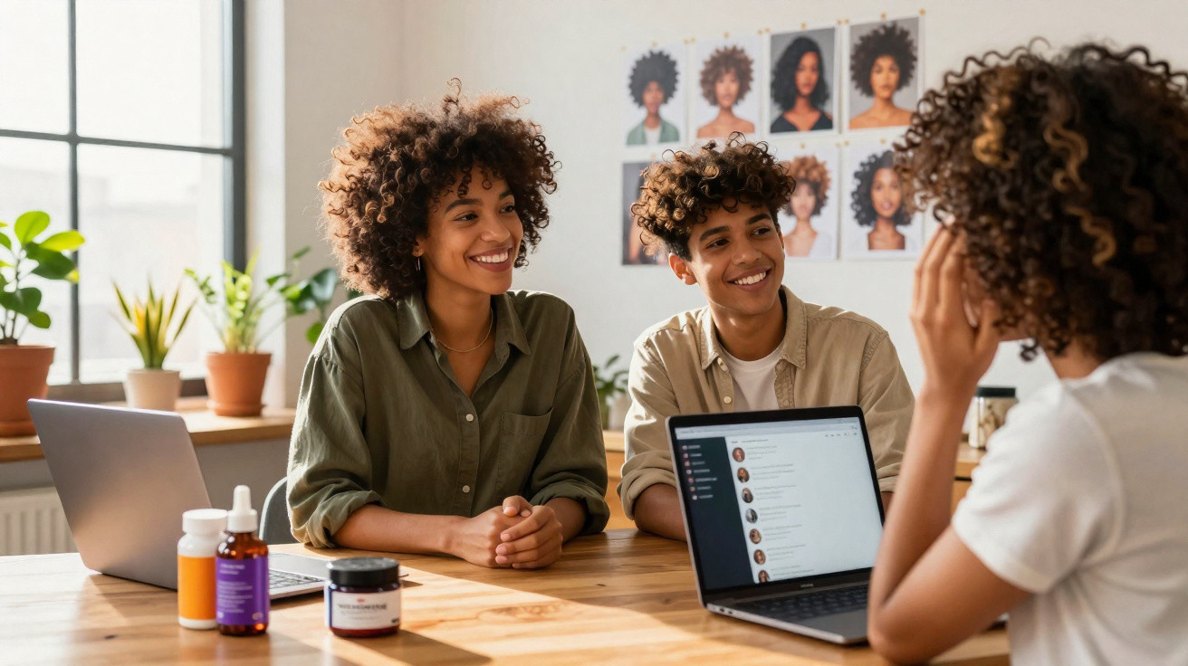 Three people with curly hair discussing with laptops and hair product bottles on a wooden table in a bright room.