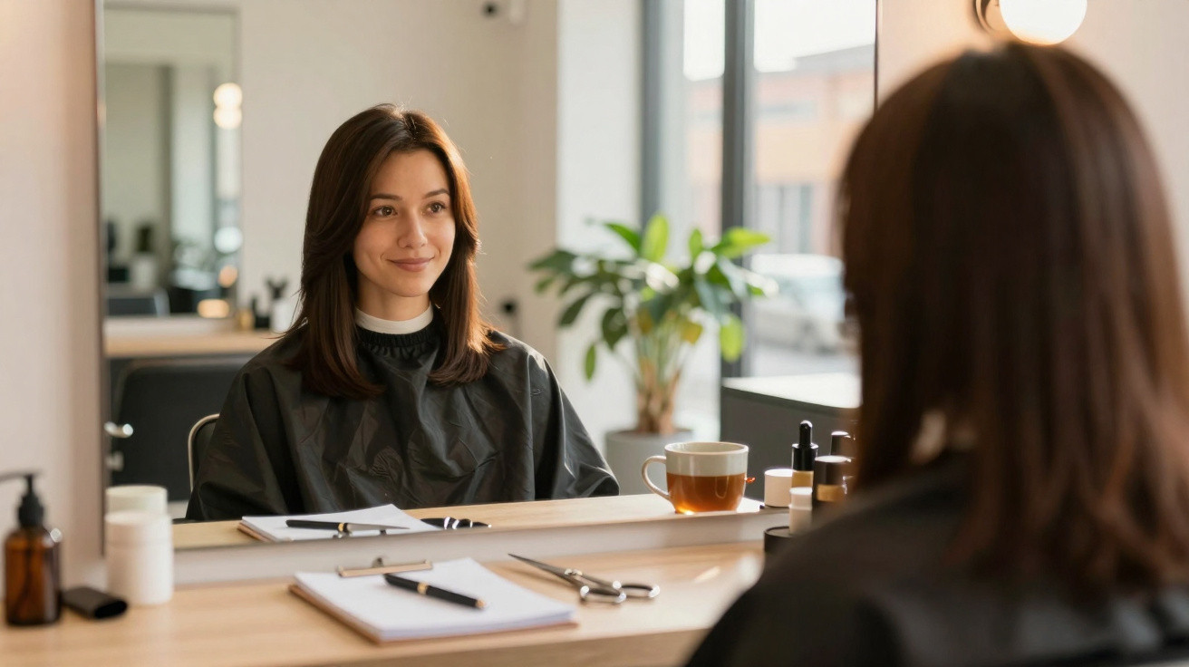 Woman with dark hair wearing a black salon cape, sitting and smiling in front of a mirror in a salon.
