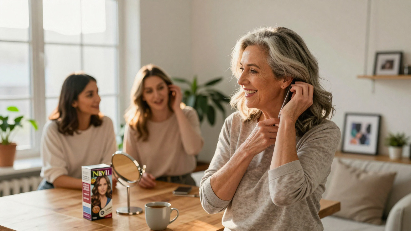 Middle-aged woman smiling while adjusting earrings with two younger women chatting in the background at a table.