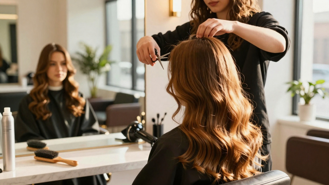Woman with long wavy hair getting a haircut from a stylist in a modern hair salon with large windows.
