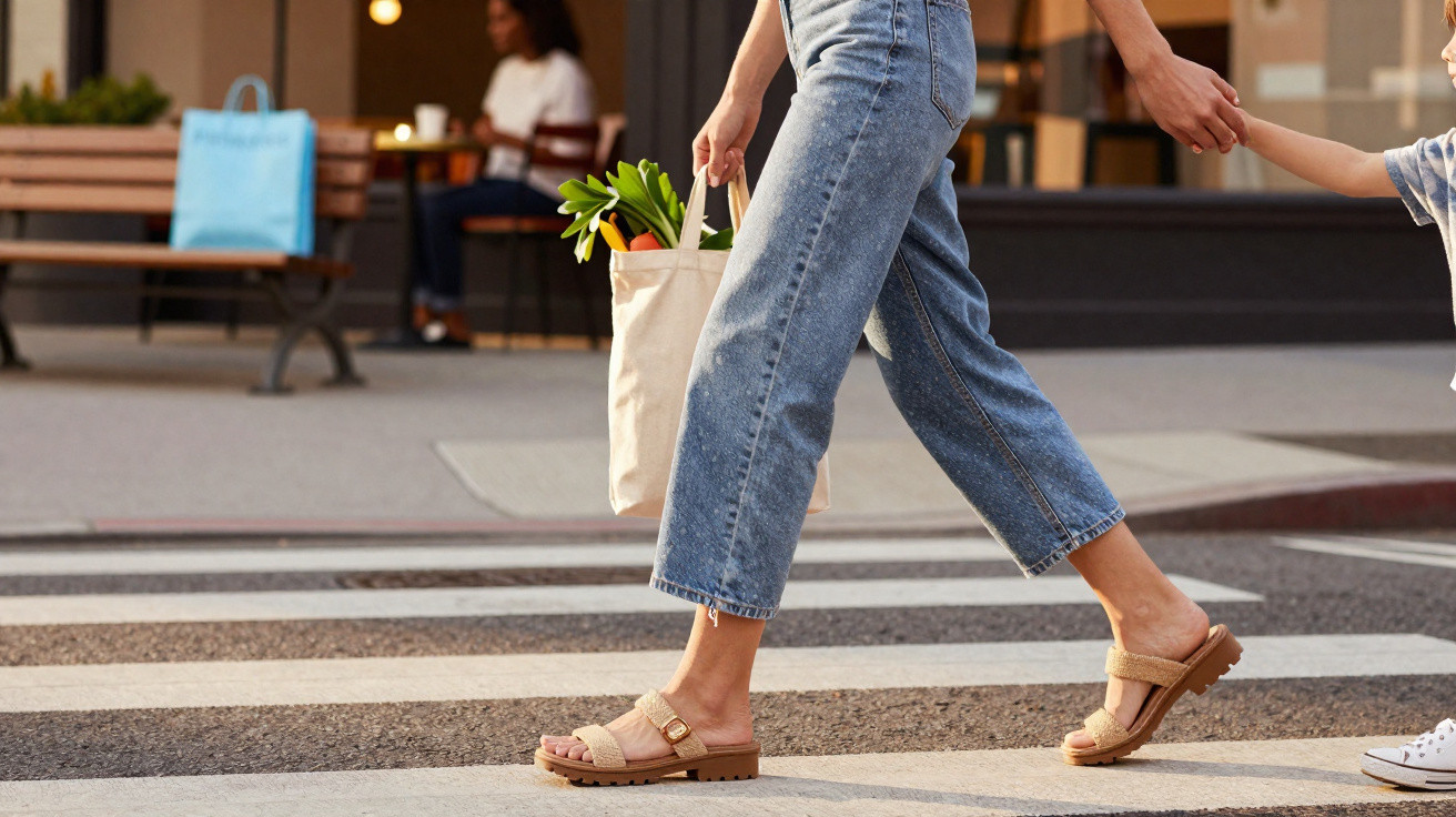 Woman wearing sandals and jeans crosses street holding child’s hand, carrying tote bag with vegetables.
