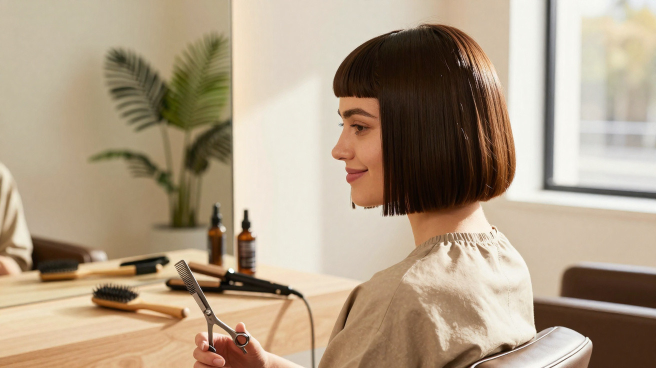 Woman with a sleek brown bob haircut holding scissors, sitting in a bright hair salon with styling tools on the table.