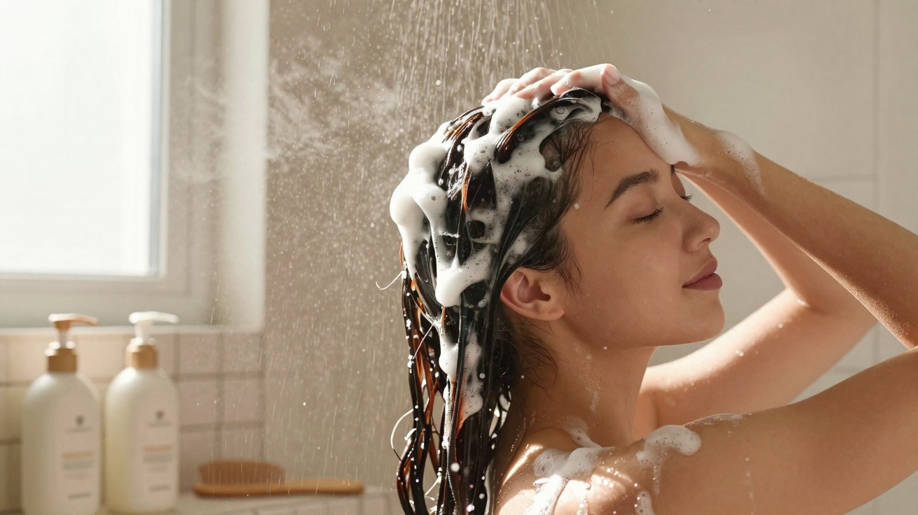Young woman washing hair with shampoo in a bright, tiled shower under running water.