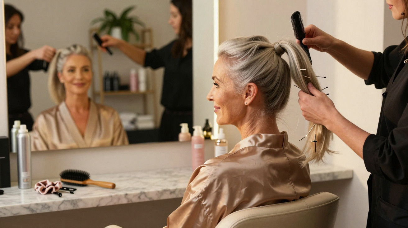 Older woman with silver hair getting her hair styled in a salon, seated in front of a mirror.