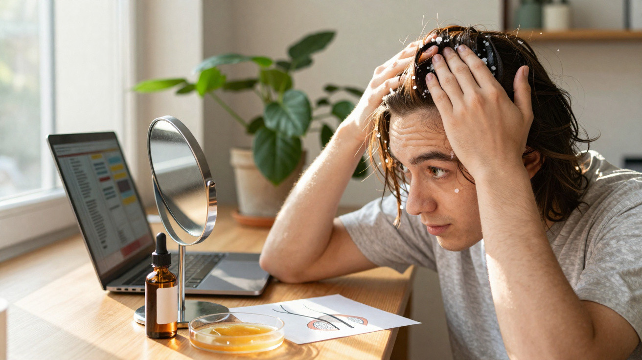 Young man applying scalp treatment at desk with mirror, laptop, plant, and skincare products by window