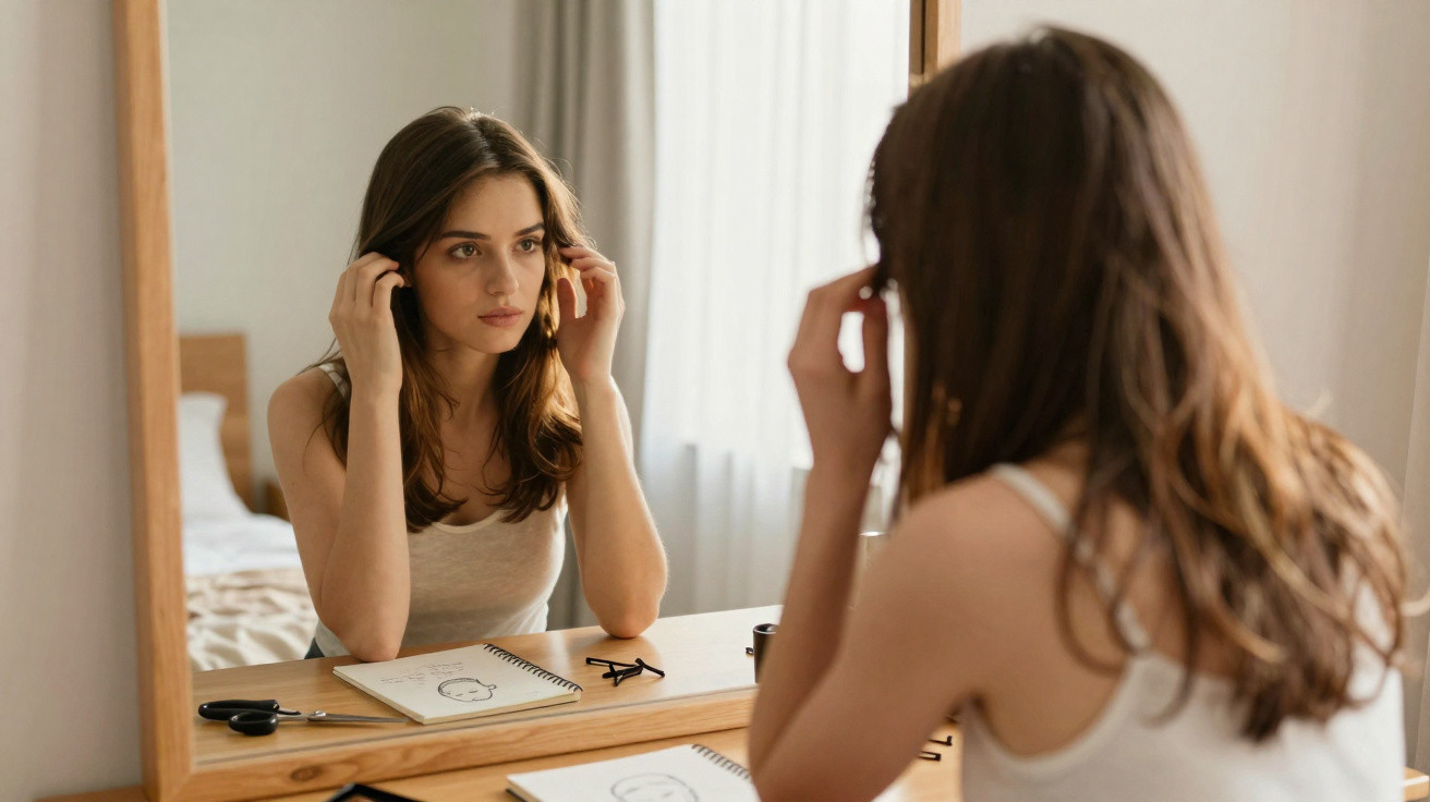 Young woman adjusting earrings while looking at herself in a bedroom mirror with sketches on the table.