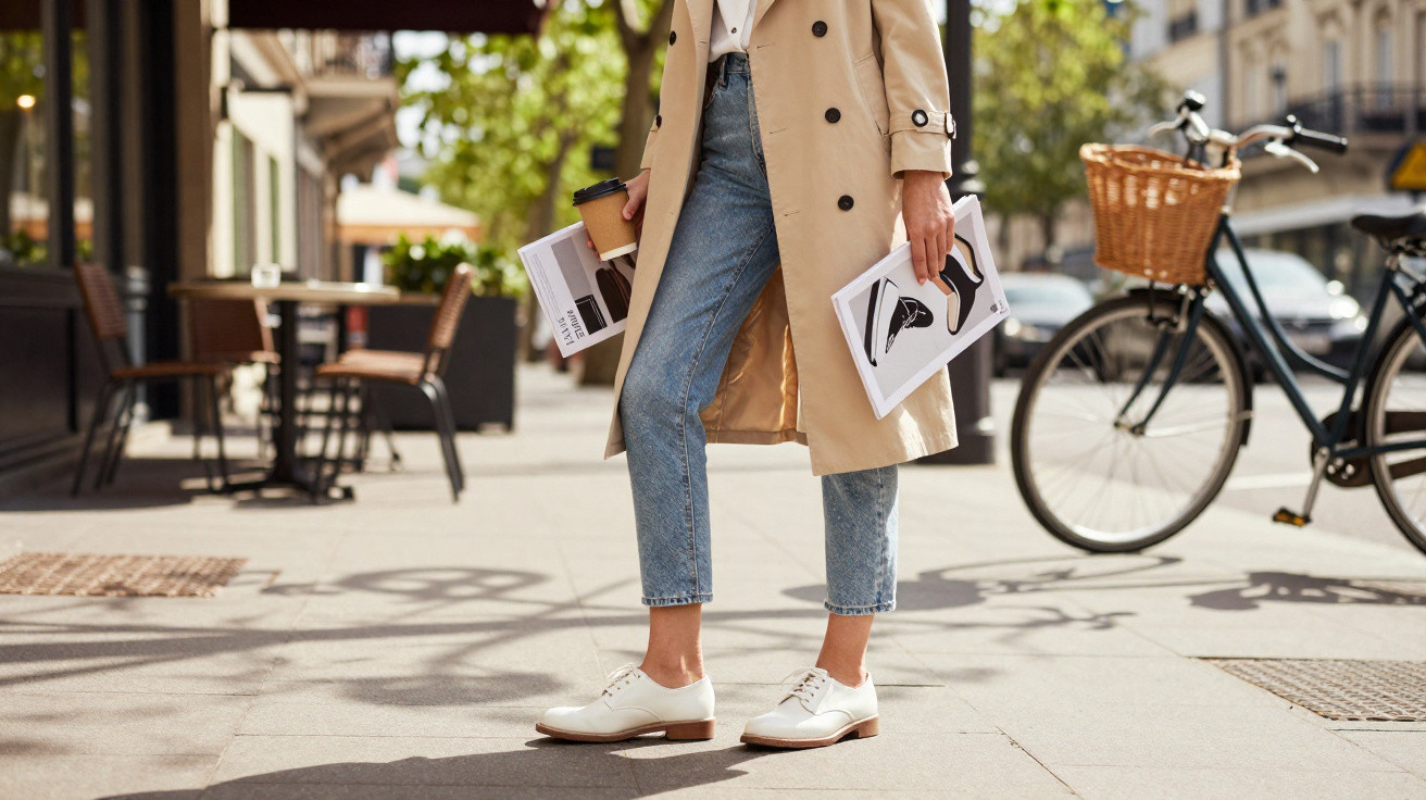Person in beige trench coat and white shoes holding magazines and coffee cup on sunny city street.