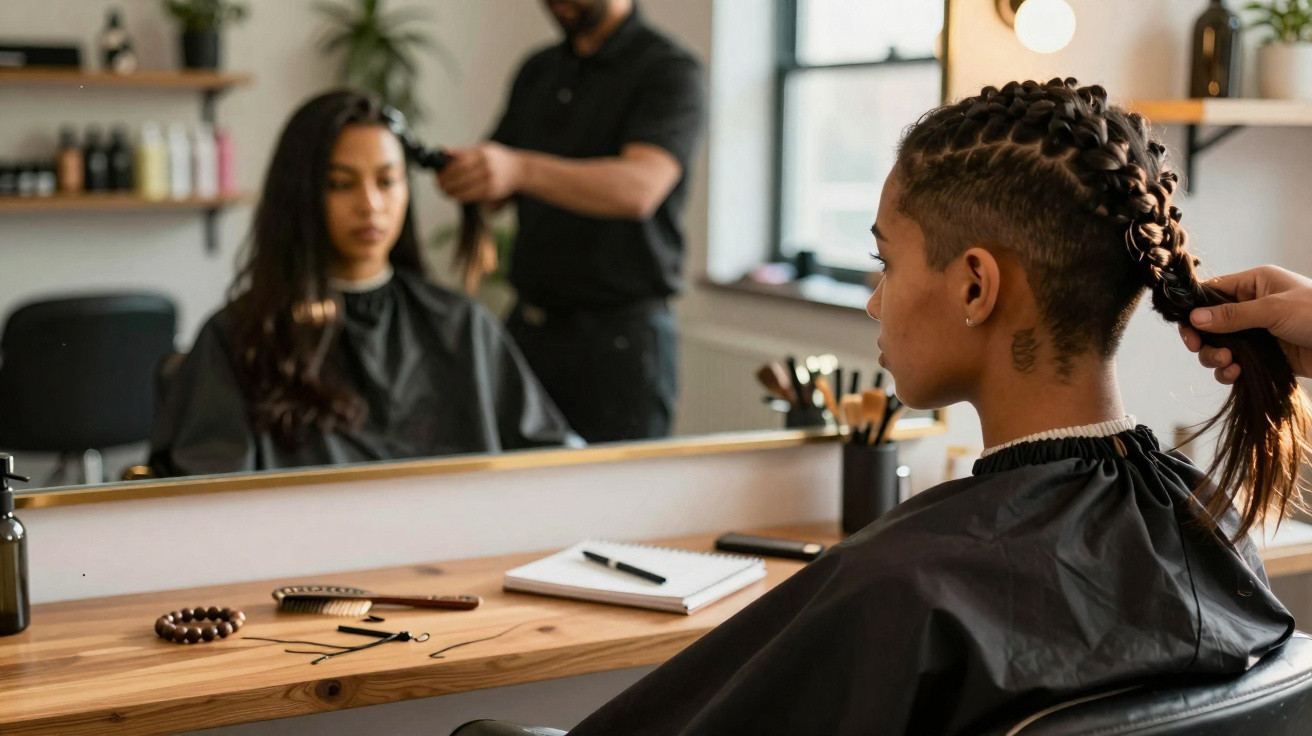 Two women having their hair styled in a modern salon with wooden counters and a large mirror.