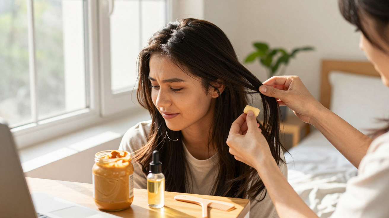 Person applying oil treatment to another's hair indoors near a window with hair care products on table.