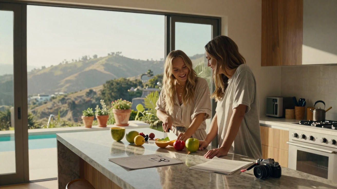 Two women prepare fruit together in a modern kitchen with large windows overlooking hills.