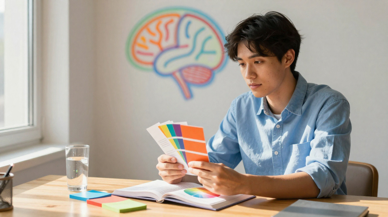 Young man studying colour swatches at a desk with a brain illustration on the wall behind him.
