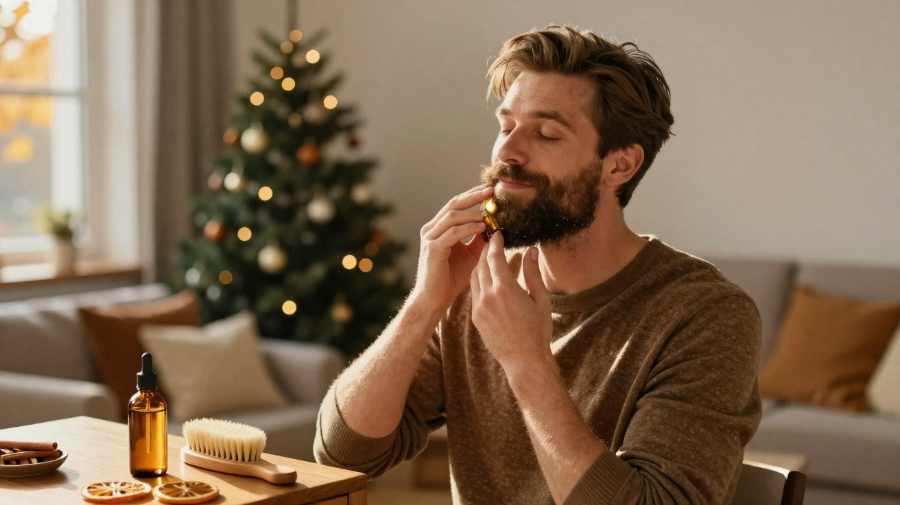 Man applying beard oil with a dropper in a cosy room with a decorated Christmas tree in the background.
