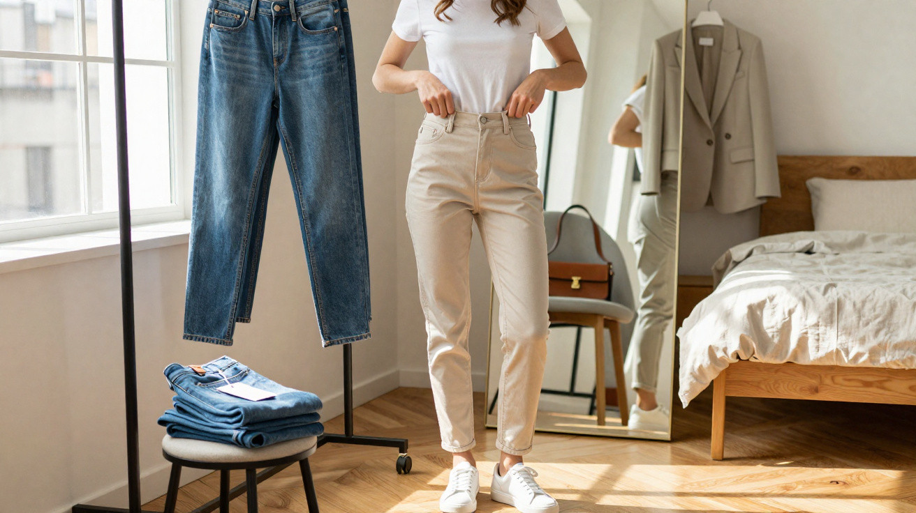 Woman in white t-shirt trying on beige jeans in a sunlit bedroom with blue jeans and a blazer nearby.