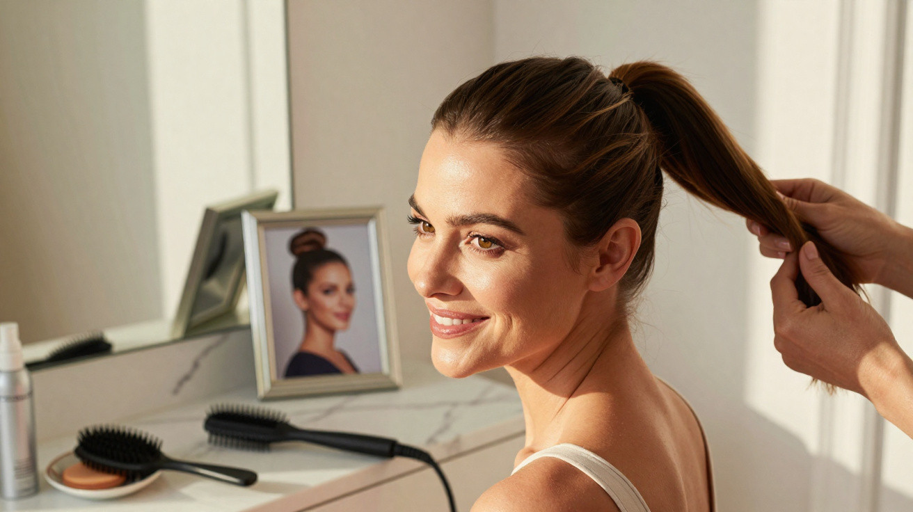 Woman smiling as another person styles her ponytail in a bright room with hair tools on a marble countertop.
