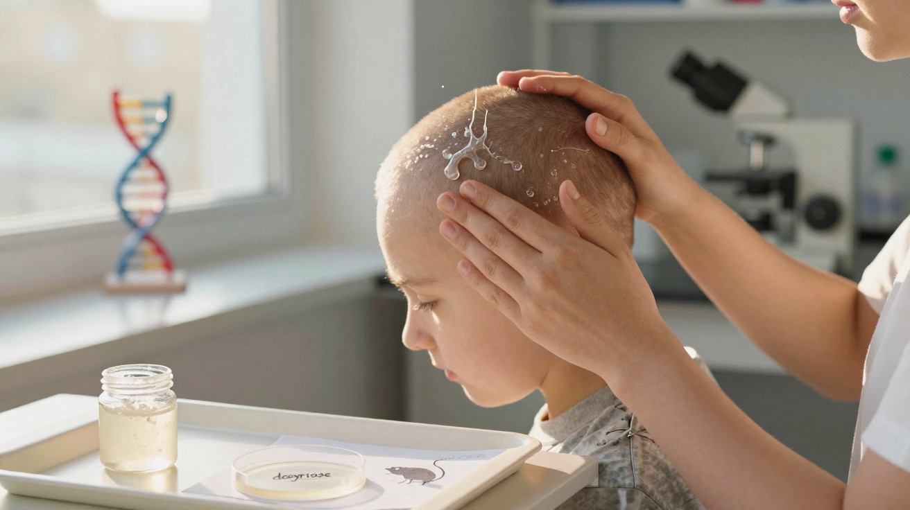 Scientist applies liquid to a child’s shaved head in a laboratory setting with DNA model in background.