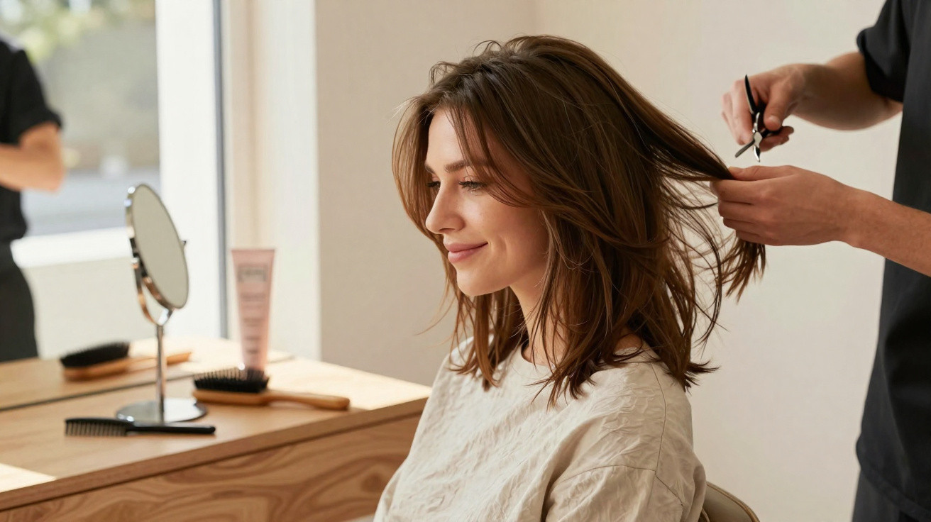 Woman with medium-length brown hair smiling while getting a haircut in a modern salon.