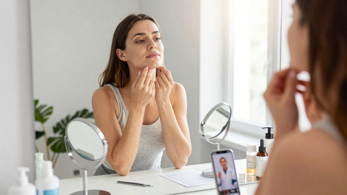 Young woman examining her skin in front of a mirror while following a skincare tutorial on a smartphone.