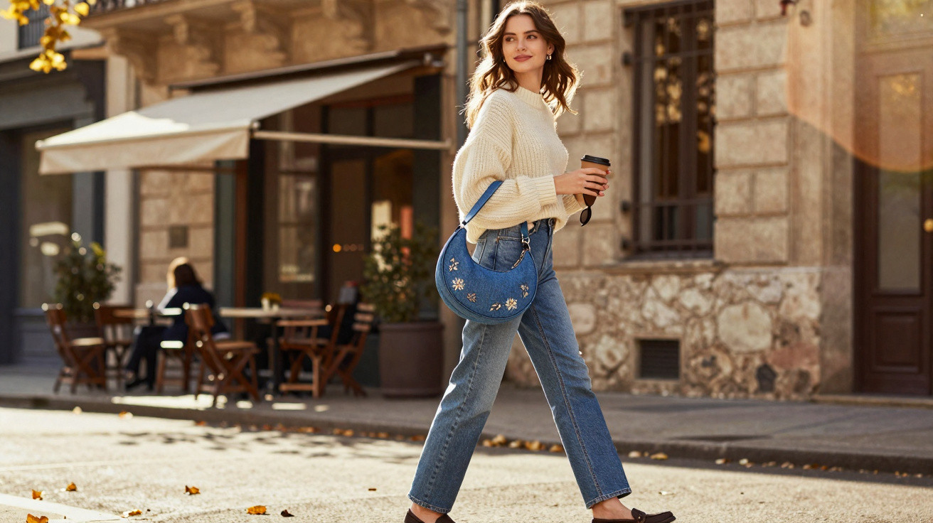 Young woman in a cream sweater and jeans walking on a city street holding a takeaway coffee cup and a blue handbag.