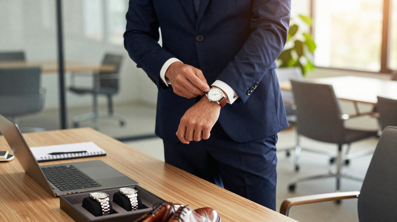 Man in navy suit adjusting wristwatch in modern office with watches and shoes on wooden table