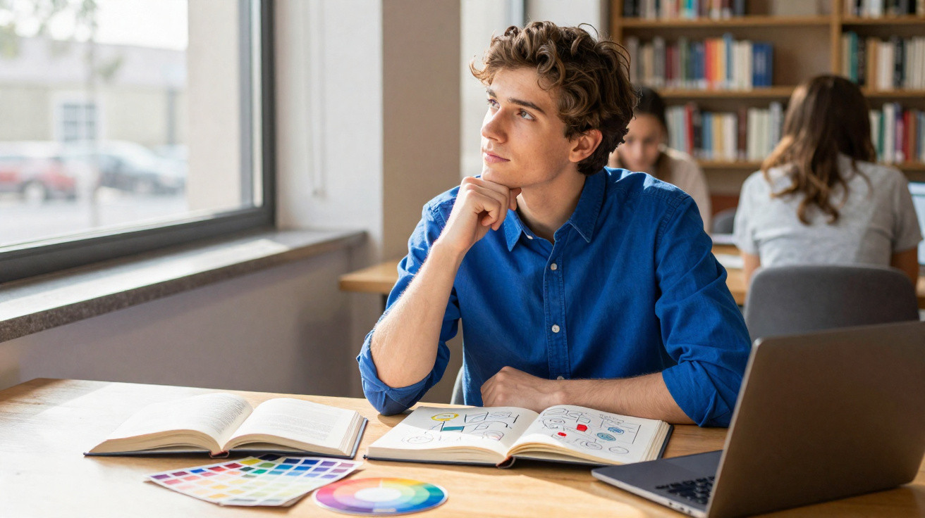 Young man in blue shirt looking out window while sitting at desk with open books, colour swatches, and laptop.