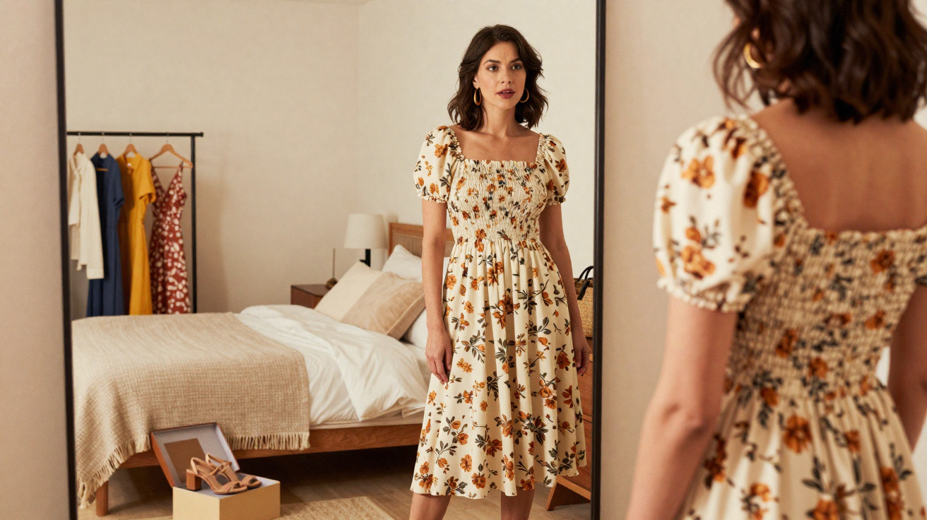 Woman in floral midi dress looking at her reflection in a bedroom mirror with clothes hanging in the background.